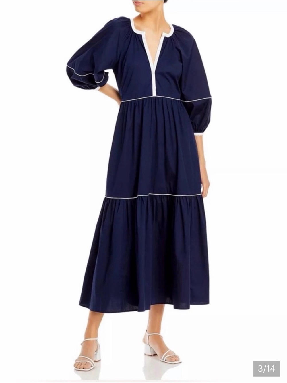 STAUD Demi Flared Maci Dress in Navy, size small